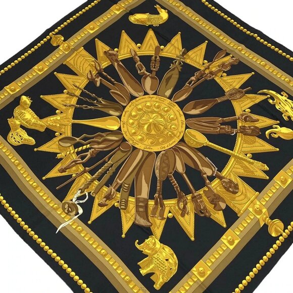Auth HERMES Carre 90 - Black Dark yellow Dark Brown Scarf - Picture 1 of 3
